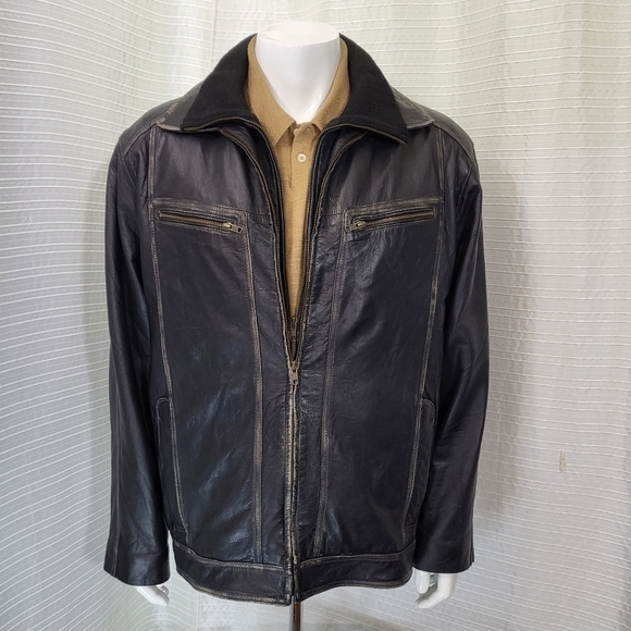 TRANSMISSION Distressed Leather Jacket Collared Removable Lining Black Men's L - Picture 2 of 16